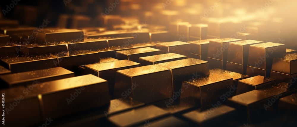Massive heap of gleaming gold bars. Concept of wealth, prosperity, and luxury. Generative AI Massive heap of gleaming gold bars. Concept of wealth, prosperity, and luxury. Generative AI