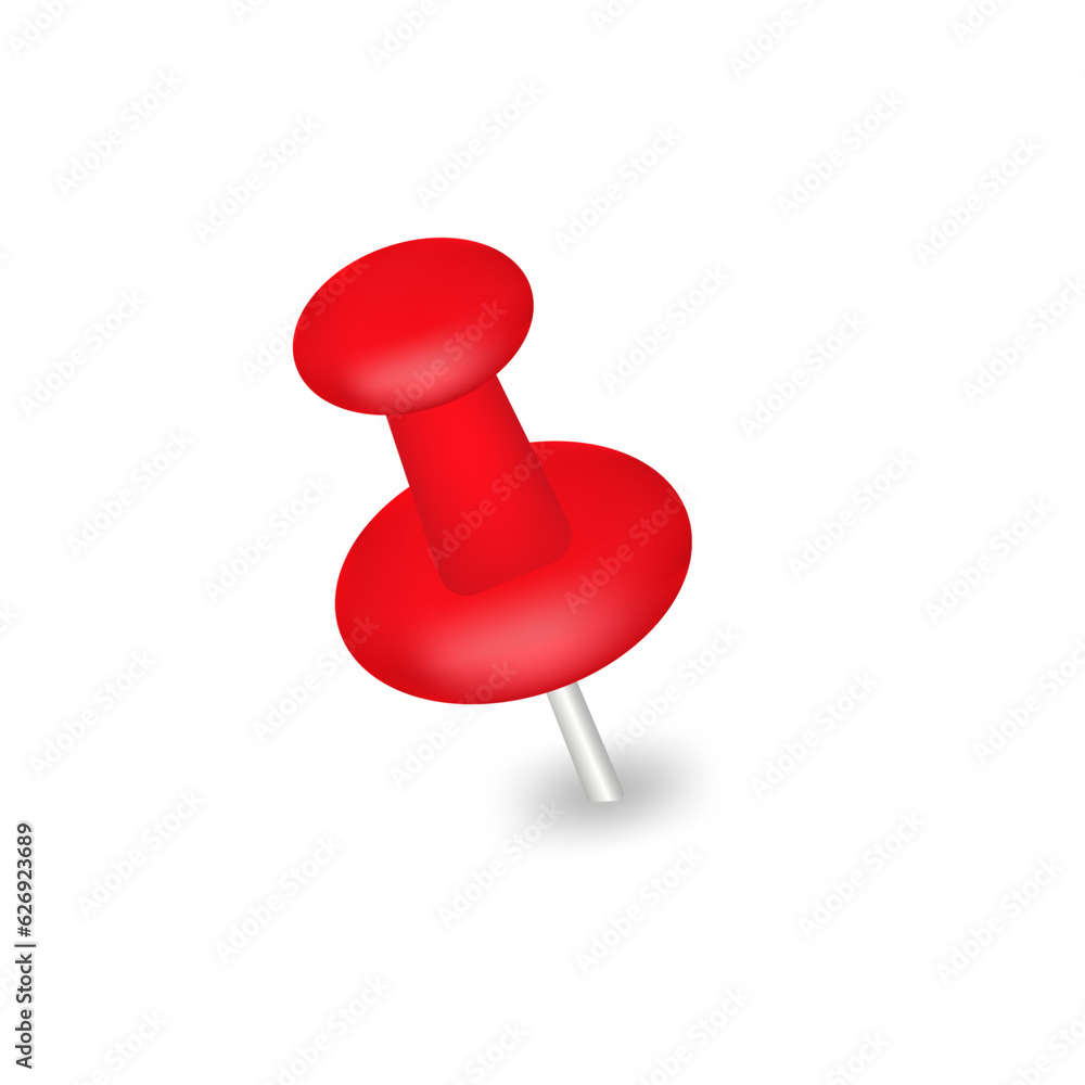 Obraz premium Red pin isolated on white background. Vector red plastic pushpin, 3d board tack, thumbtack or push pin for paper notice. Vector illustration