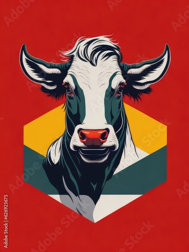 Illustration of a realistic painting of a cow's head against a neutral gray background