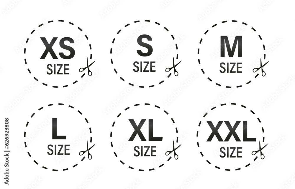 Clothing size stickers set. XS, S, M, L, XL, XXL tags. Set of label