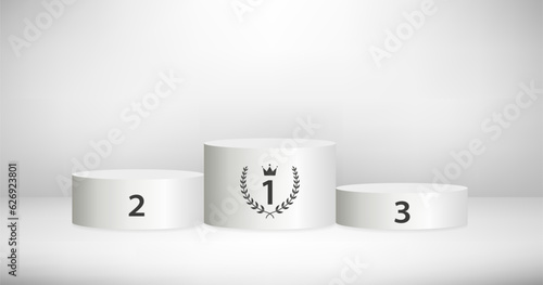 Sport stage podium or winner pedestal. First, second and third place 3d vector white round platform for sportsman victory celebration, cosmetics product presentation background. Vector illustration