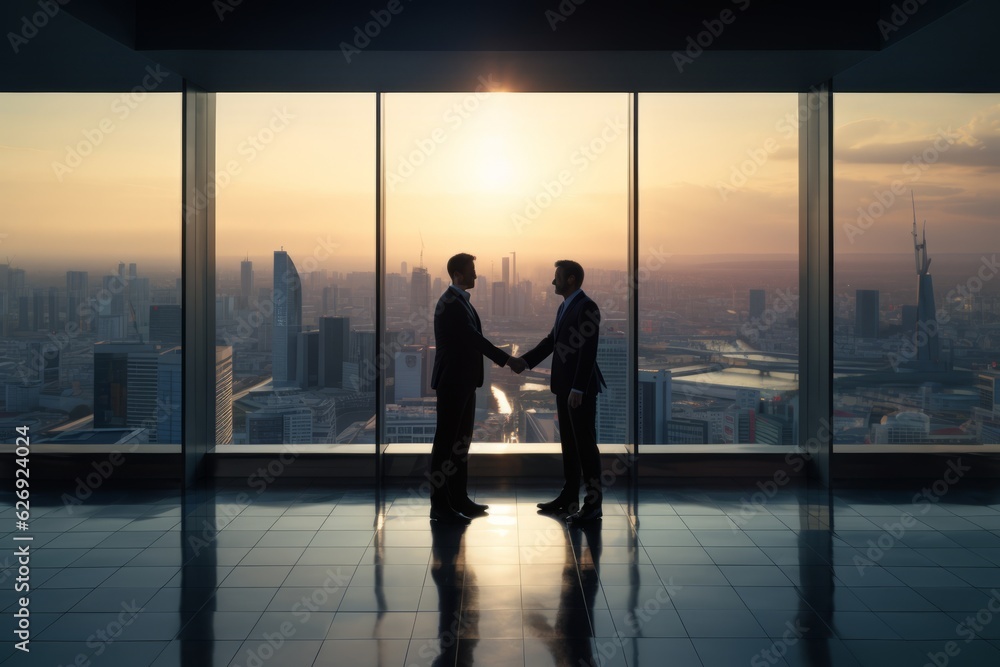 Two executives in suits shake hands. Beautiful illustration picture. Generative AI Two executives in suits shake hands. Beautiful illustration picture. Generative AI