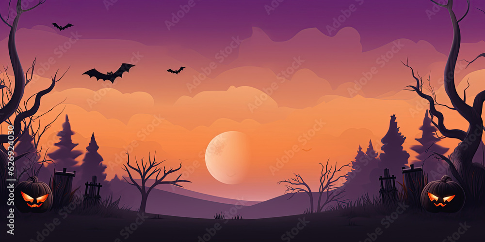 halloween banner with bats and glowing eyes of Jack O' Lanterns, copy space