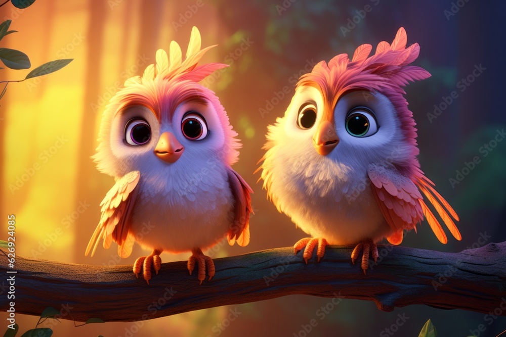Fototapeta premium Two small fluffy birds with big eyes are standing together. Beautiful illustration picture. Generative AI
