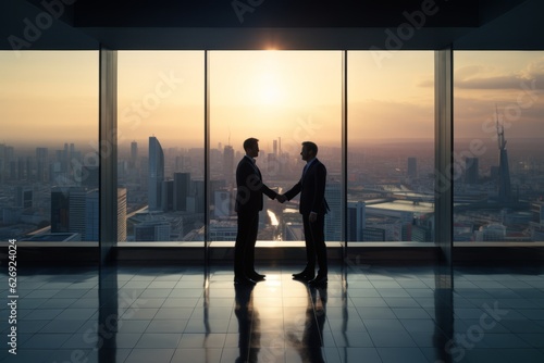 Two executives in suits shake hands. Beautiful illustration picture. Generative AI