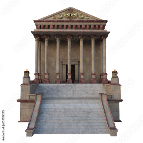 Isolated 3D rendering of an ancient Roman temple or house with stone staicase and columns. photo