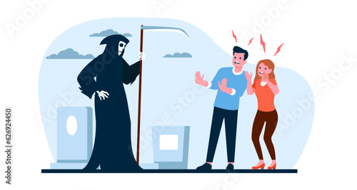 Phobia of death. People fear. Scary reaper in cape with scythe next to frightened man and woman. Panicked couple in graveyard. Spooky skeleton in cloak. Vector thanatophobia concept