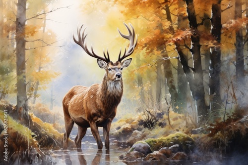 Tableau sur toile Watercolor deer in the forest