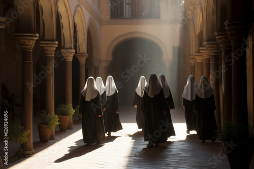 A captivating image of a group of nuns in traditional habits, walking gracefully through a sunlit courtyard Generative AI