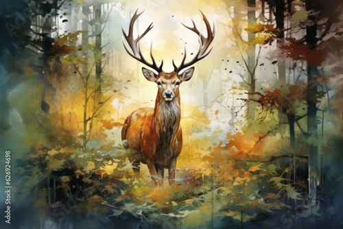 Watercolor deer in the forest. Beautiful illustration picture. Generative AI