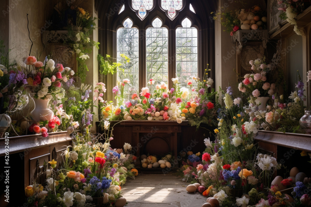 A visually elaborate scene of a jubilant Easter Sunday Mass, with a vibrant floral display and jubilant singing Generative AI