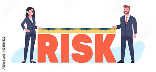 Risk miscalculation in business. Businessmen measure probability of failure with ruler. Man and woman in suits. Finance insurance. Hazard measurement. Investment manage. Vector concept