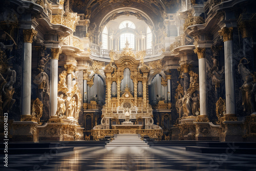 An awe-inspiring image of a majestic basilica's grand interior, with awe-inspiring architecture and intricate altars Generative AI