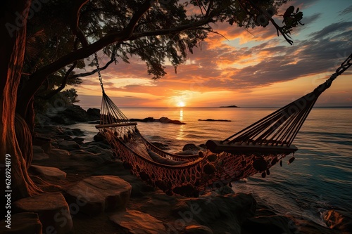 A Tapestry of Relaxation: A Gentle Hammock, Swaying Palms, and the Serene Sunset over the Calm Sea Generative AI