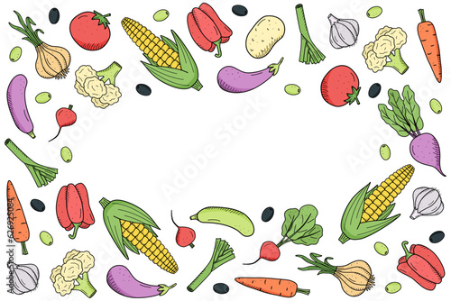 Fototapeta Naklejka Na Ścianę i Meble -  Collection of colored drawing vegetables in doodle style. A set of vector illustrations of the harvest corn potatoes carrots radishes beets garlic onions tomatoes, etc.