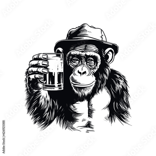 Fototapeta Monkey holding beer mug, isolated on white background, vector illustration
