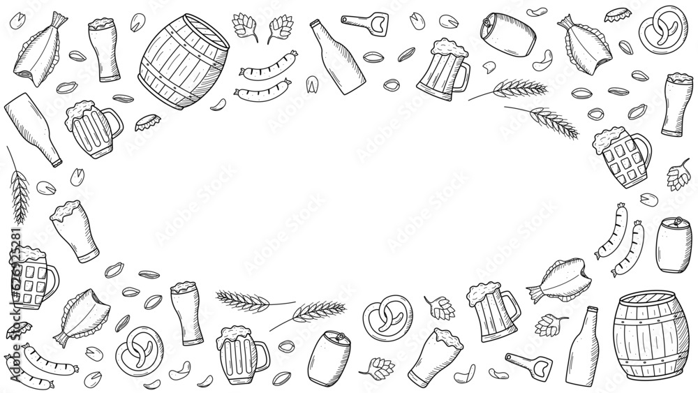 Beer doodle icons set. Vector illustration of Pub elements beer and snacks. Sketch drawing Oktoberfest or bar.