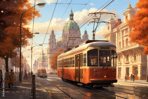Realistic tram in the city. Beautiful illustration picture. Generative AI