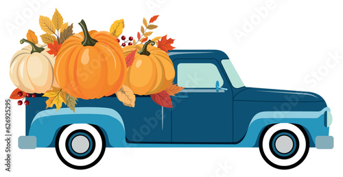 Blue pickup truck with colorful fall pumpkins. Happy Thanksgiving, Harvest season design. Vector illustration. Isolated on white background.