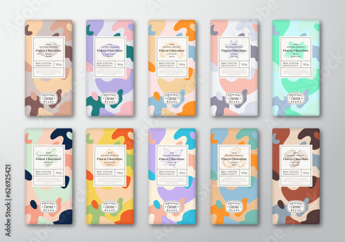 Chocolate Label Template Set. Abstract Shapes Vector Packaging Design Layout with Realistic Shadows Hand Drawn Nuts Spices Silhouette and Colorful Camouflage Pattern Backgrounds Collection Isolated