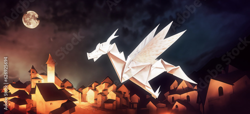 illustrazione con drago in carta stile origami che vola sopra un antico borgo, notte di luna piena photo
