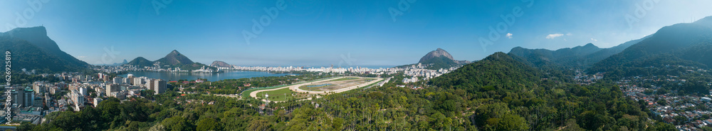 Aerial view of Rio de Janeiro from the botanical garden. Views. Nature skyscrapers, lagoon and racecourse. Urban center of the city. Brazil 06-07-2023

