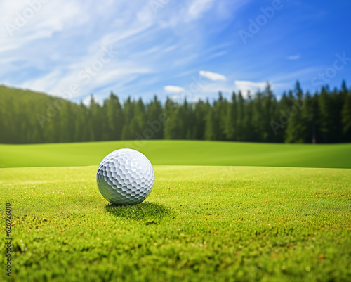 A pristine golf ball resting on a lush green fairway, under a clear azure sky, generative ai.