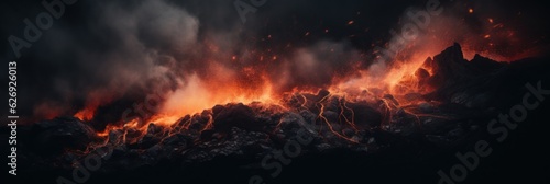 Volcano eruption with fiery lava and smoke. Generative AI