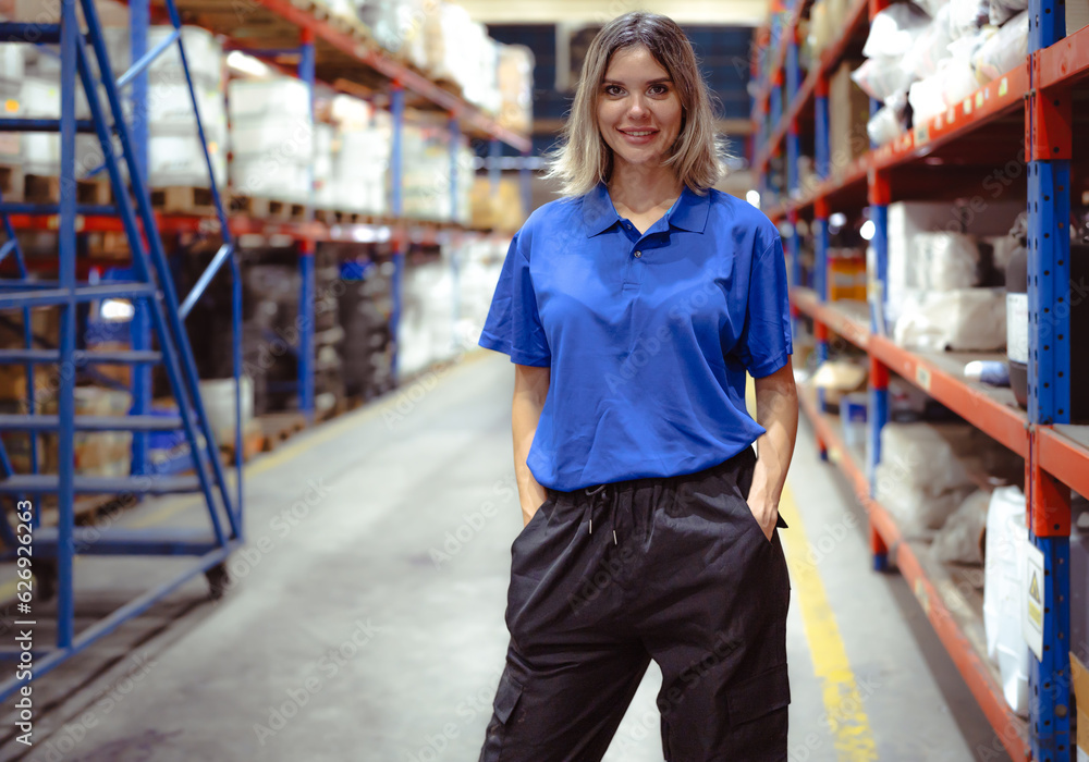 Confident female warehouse worker standing in logistic storage looking at camera smiling. Portrait of young woman employee working in distribution warehouse business. Industrial staff in storehouse.