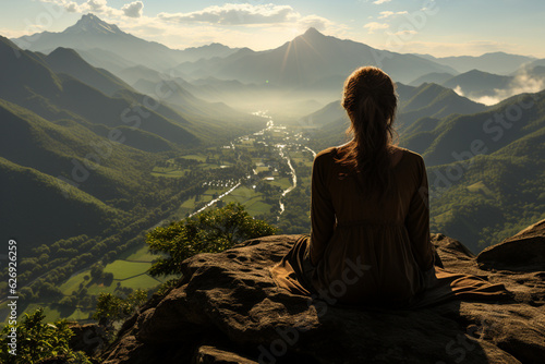 Yoga woman sitting on top of a mountain at sunrise. Mountains in the fog. The view from the back. arms around. Meditation. The balance of psychological life. Appeasement. Generative Ai