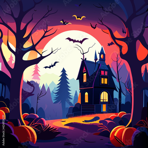 Halloween night background with haunted house, bats and pumpkins. Vector illustration