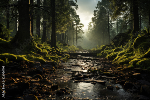 Sunlit forest with stream. Generative AI