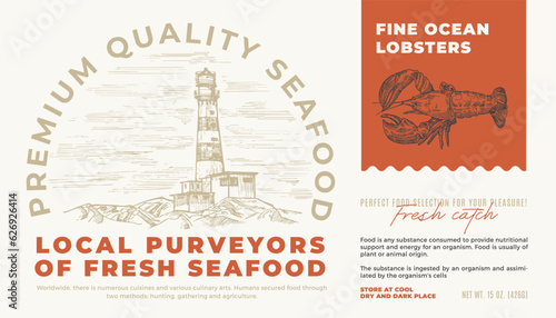 Fine Ocean Seafood Product Abstract Vector Packaging Label Design. Modern Typography and Hand Drawn Shrimp Sketch Silhouette with Sea Lighthouse Background Layout