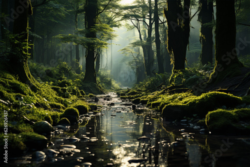 Sunlit forest with stream. Generative AI