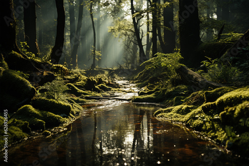 Sunlit forest with stream. Generative AI