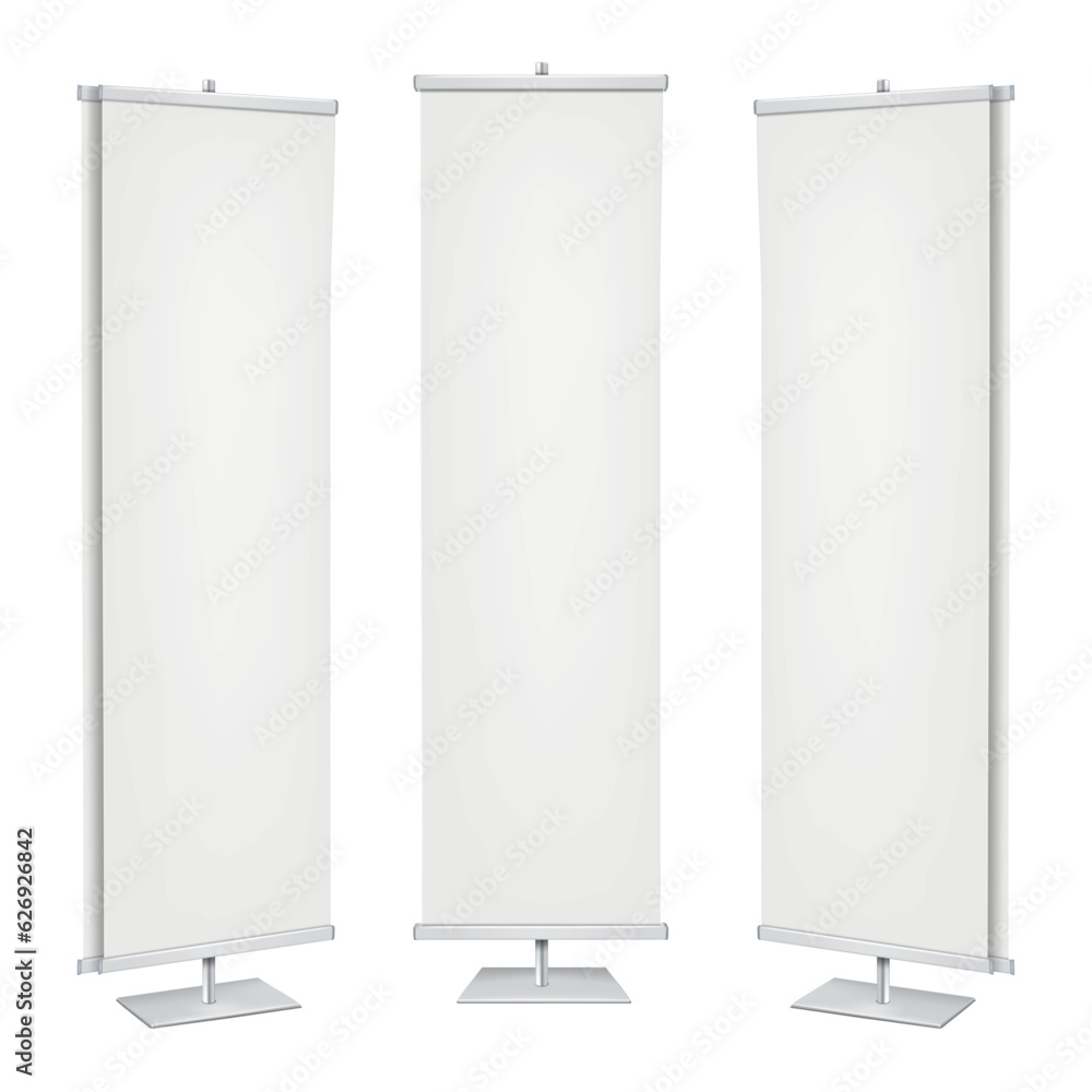 Double-sided vinyl banner stand realistic vector mockup. Vertical floor promotional display standee mock-up. Trade show poster holder template Double-sided vinyl banner stand realistic vector mockup. Vertical floor promotional display standee mock-up. Trade show poster holder template