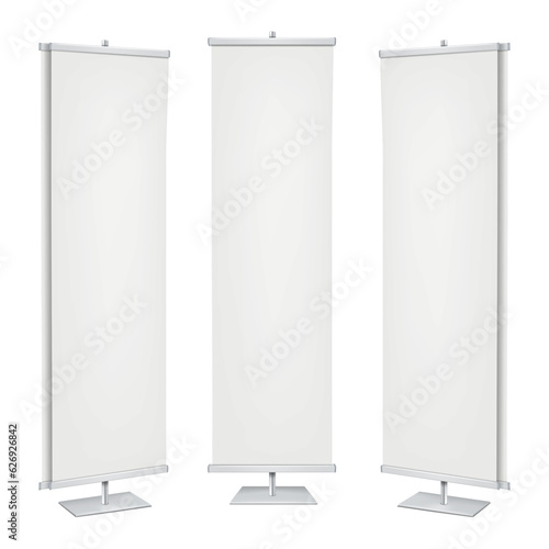 Double-sided vinyl banner stand realistic vector mockup. Vertical floor promotional display standee mock-up. Trade show poster holder template