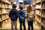 Three children in a bookstore, looking at shelves filled with books, and talking about the books