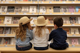 Three children sitting in a bookstore, looking at shelves filled with books, and talking about the books,back to school concept
