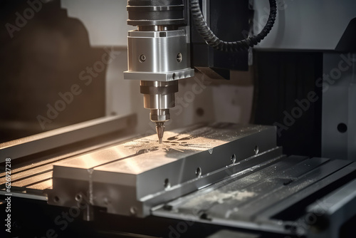 Metalworking CNC milling machine. Cutting metal modern processing technology. banner with copy space, generative AI 