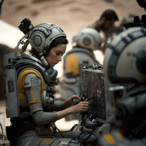 Side view of female technician in futuristic costume working on modern machine with blurred colleagues in background created with generative AI technology