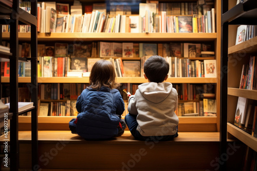 Fototapeta two children sitting in a bookstore, looking at shelves filled with books, and talking about the books, back to school concept