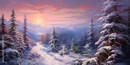 AI Generated. AI Generative. Nature outdoor wild winter snow forest mountain tree landscape. Adventure trip explore hiking vibe christmas new year view