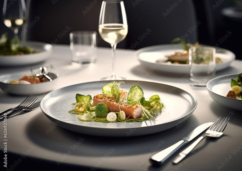 Fine dining chefs exclusive dish with cold white wine on table in restaurant.AI Generative. Fine dining chefs exclusive dish with cold white wine on table in restaurant.AI Generative.