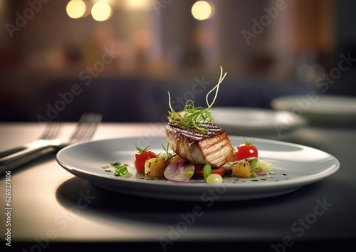 Fine dining seafood gourmet dish with various rare food.AI Generative