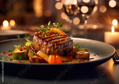 Grillet beef steak fillet with vegetables fine dining in luxury restaurant.Macro.AI Generative photo