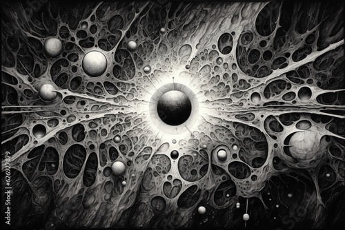 Black and white cosmic abstract done with a pencil. Generated by AI this illustration features several elements associated with the cosmos and space