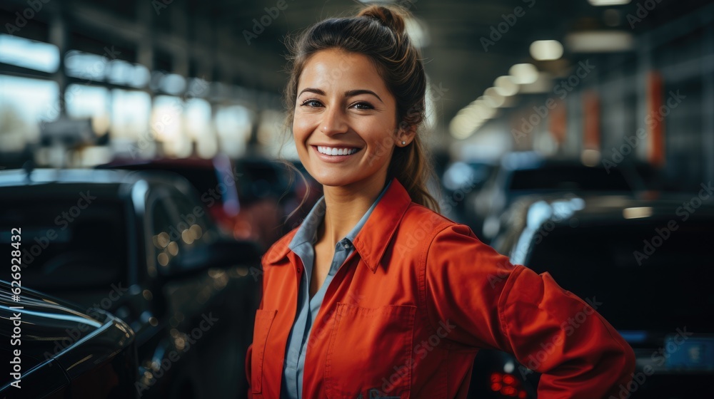 Mexican woman working in a factory background as a factory.  AI Generative.