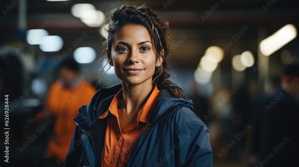 Mexican woman working in a factory background as a factory.  AI Generative.