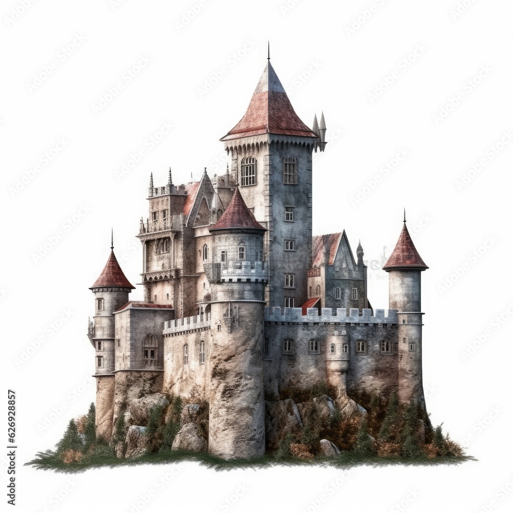 Fototapeta premium A historic Germanic castle with distinctive architecture and turrets, symbolizing a regal European kingdom, isolated on a white background, generative ai